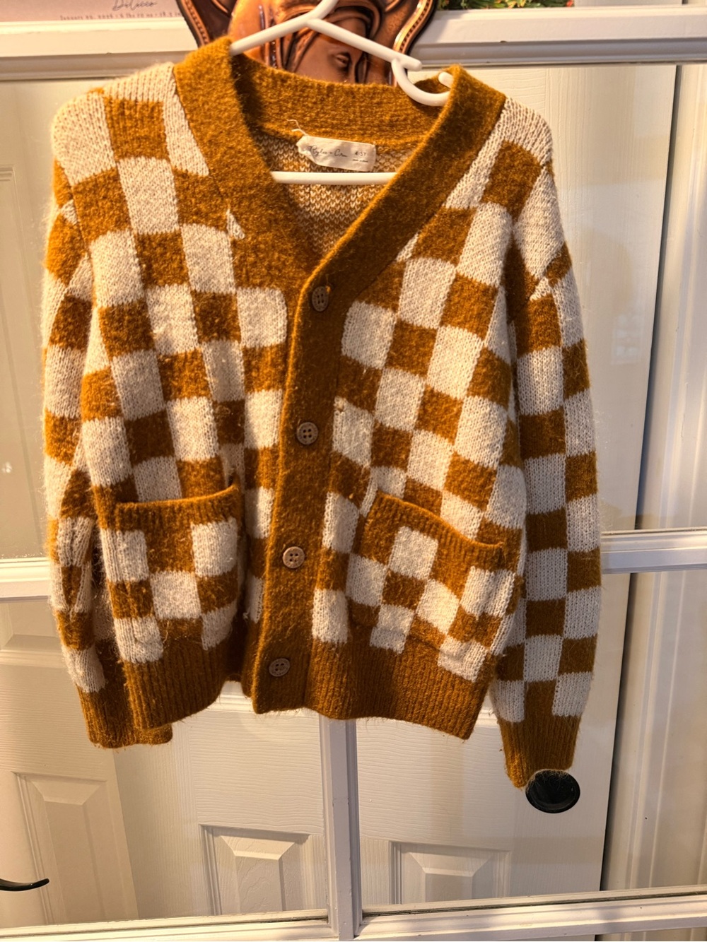 Rylee + Cru Checkerboard Cardigan Sweater in Mustard and Cream